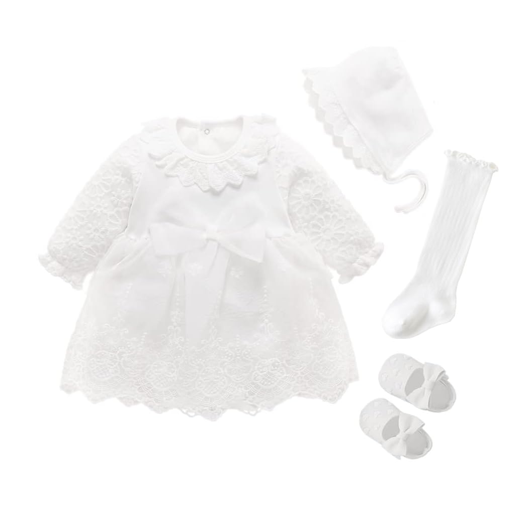 Newborn Baby Girl Dress 0 3 6 Months Infant Pink White Baptism Outfit Party Dresses Hat Shoes Set
