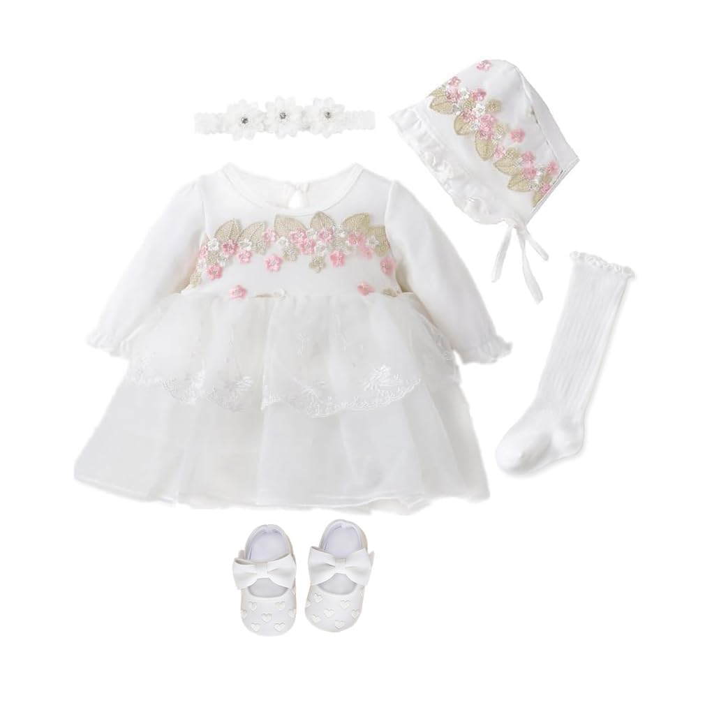 Newborn Baby Girl Dress 0 3 6 Months Infant Pink White Baptism Outfit Party Dresses Hat Shoes Set