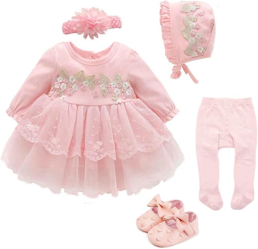 Newborn Baby Girl Dress 0 3 6 Months Infant Pink White Baptism Outfit Party Dresses Hat Shoes Set