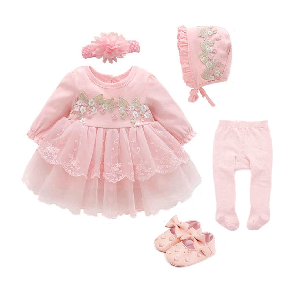 Newborn Baby Girl Dress 0 3 6 Months Infant Pink White Baptism Outfit Party Dresses Hat Shoes Set