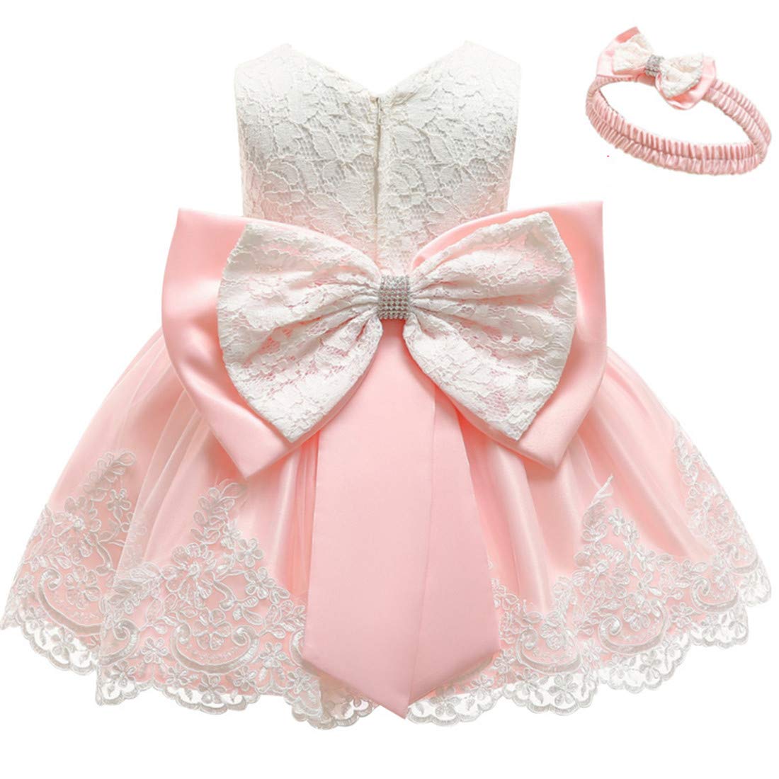 Baby Girls Dress Christening Baptism Party Formal Dress with Headwear