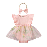 Hnyenmcko Newborn Baby Girl Summer Romper Dress Infant Fly Sleeve Flower Embroidery Mesh Tulle Skirt Hem Ribbed Bodysuit