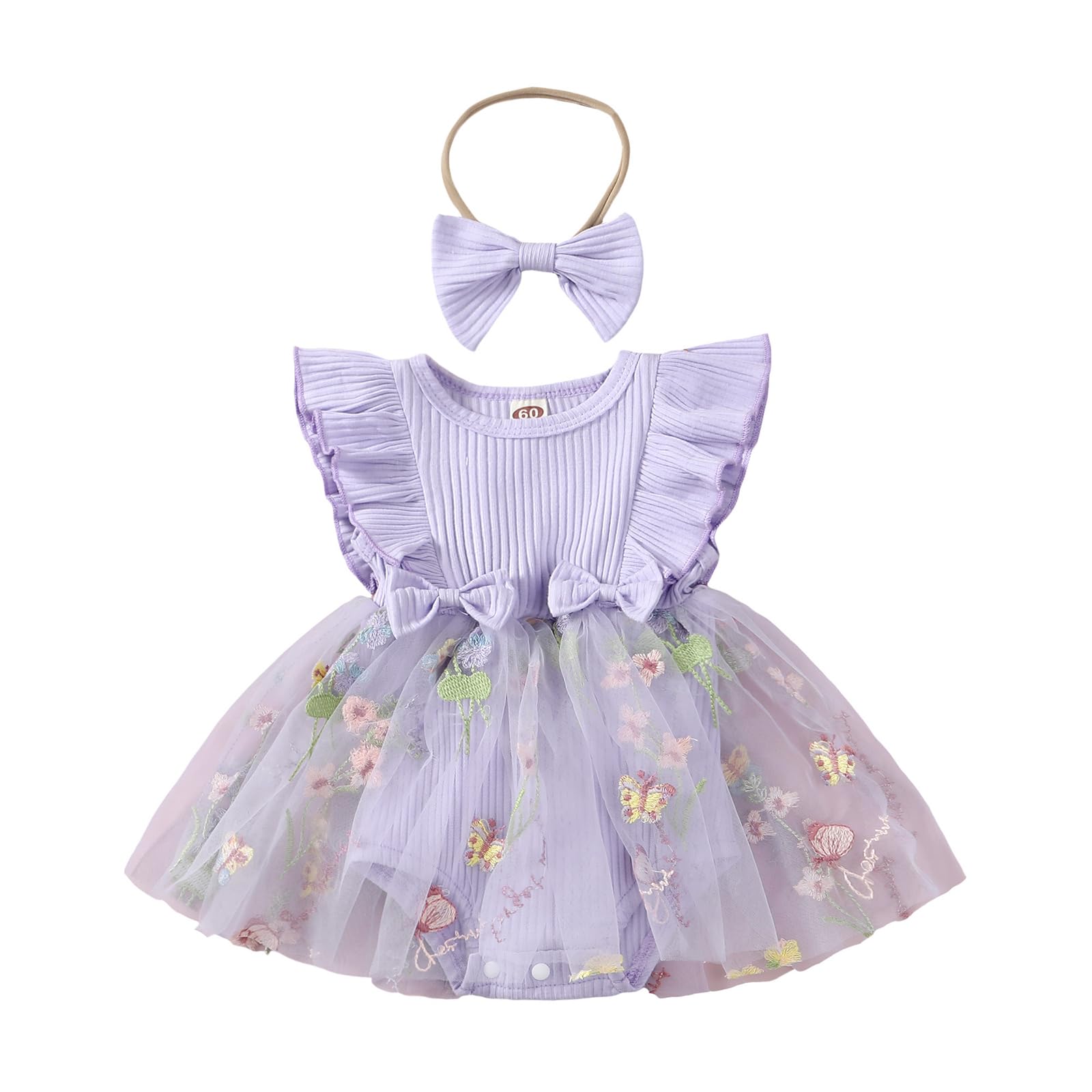 Hnyenmcko Newborn Baby Girl Summer Romper Dress Infant Fly Sleeve Flower Embroidery Mesh Tulle Skirt Hem Ribbed Bodysuit