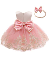 Baby Girls Dress Christening Baptism Party Formal Dress with Headwear