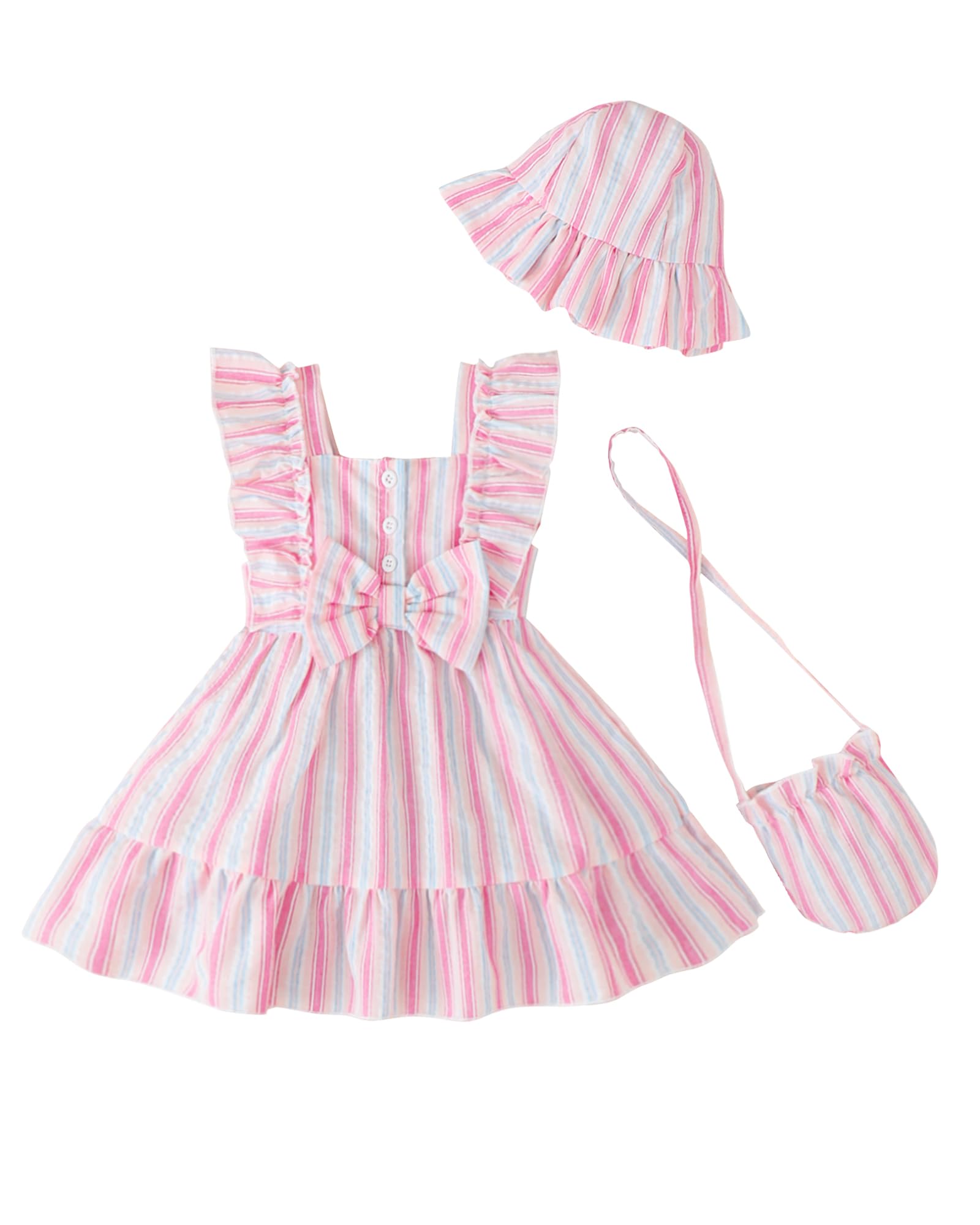 Renotemy Newborn Infant Baby Girl Dresses Summer Outfits Boho Casual Sundress Gifts Toddler Clothes for Girl with Hat and Bag