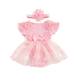 Hnyenmcko Newborn Baby Girl Summer Romper Dress Infant Fly Sleeve Flower Embroidery Mesh Tulle Skirt Hem Ribbed Bodysuit