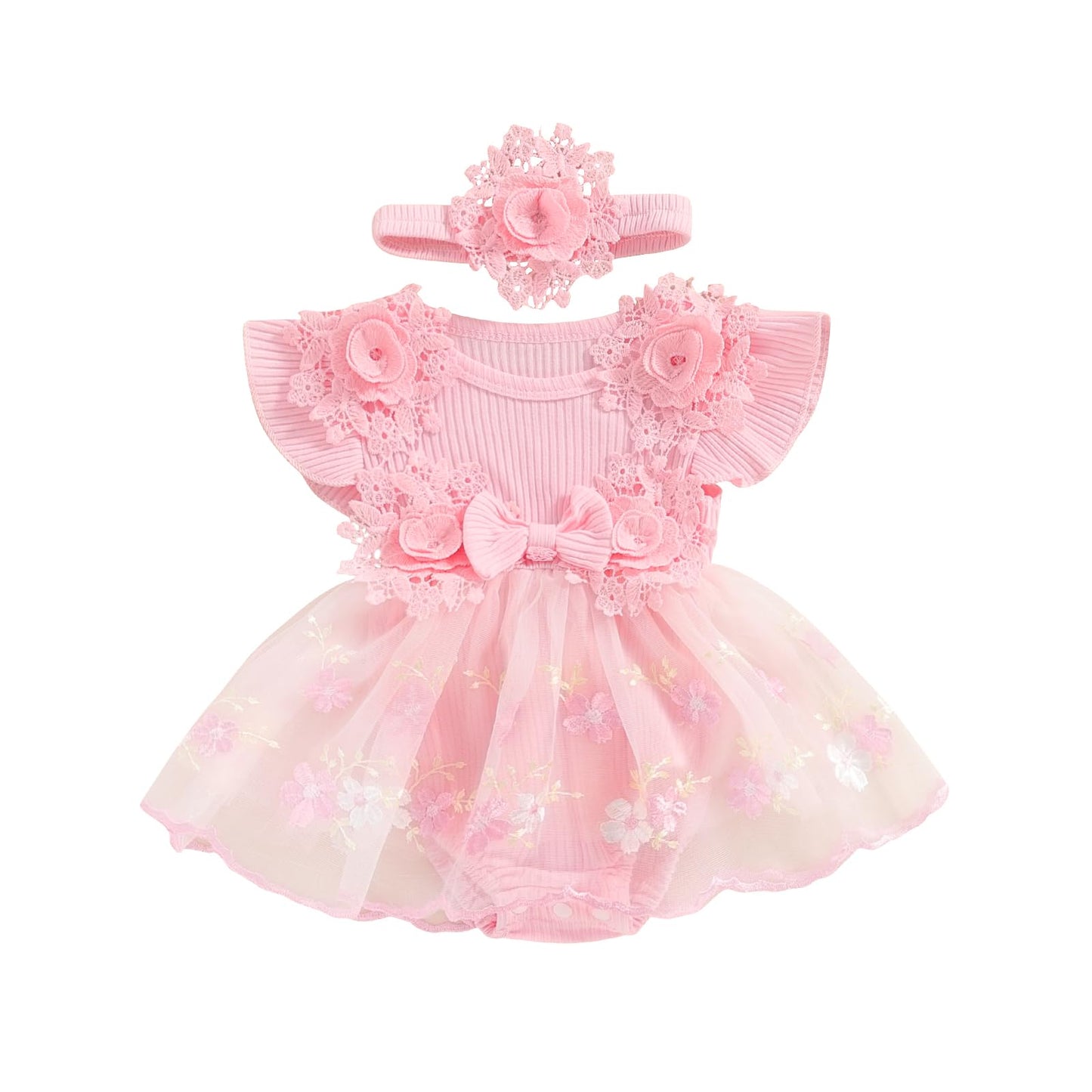 Hnyenmcko Newborn Baby Girl Summer Romper Dress Infant Fly Sleeve Flower Embroidery Mesh Tulle Skirt Hem Ribbed Bodysuit