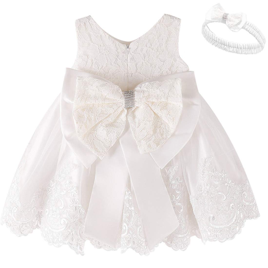 Baby Girls Dress Christening Baptism Party Formal Dress with Headwear