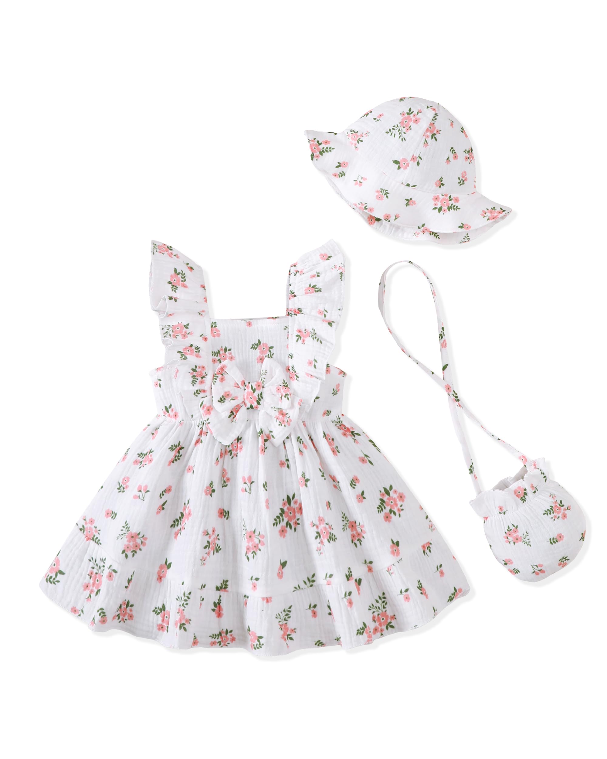 Renotemy Newborn Infant Baby Girl Dresses Summer Outfits Boho Casual Sundress Gifts Toddler Clothes for Girl with Hat and Bag