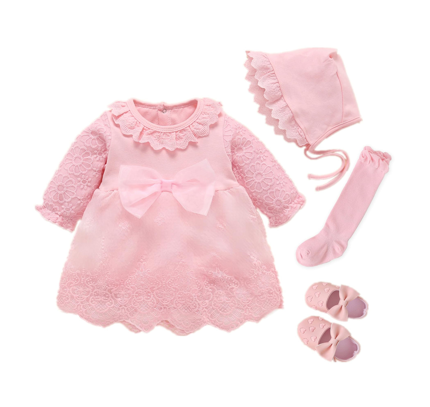 Newborn Baby Girl Dress 0 3 6 Months Infant Pink White Baptism Outfit Party Dresses Hat Shoes Set