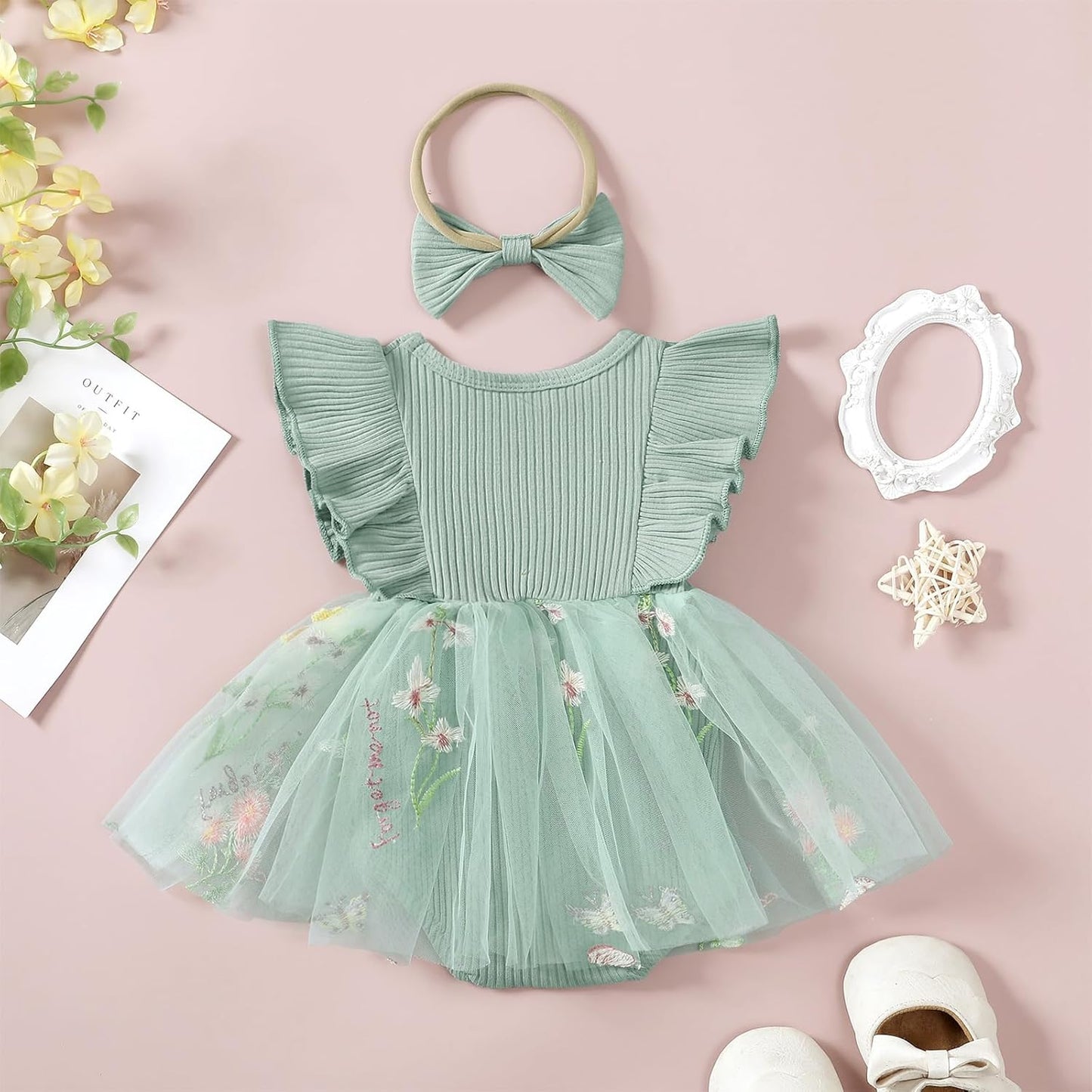 Hnyenmcko Newborn Baby Girl Summer Romper Dress Infant Fly Sleeve Flower Embroidery Mesh Tulle Skirt Hem Ribbed Bodysuit