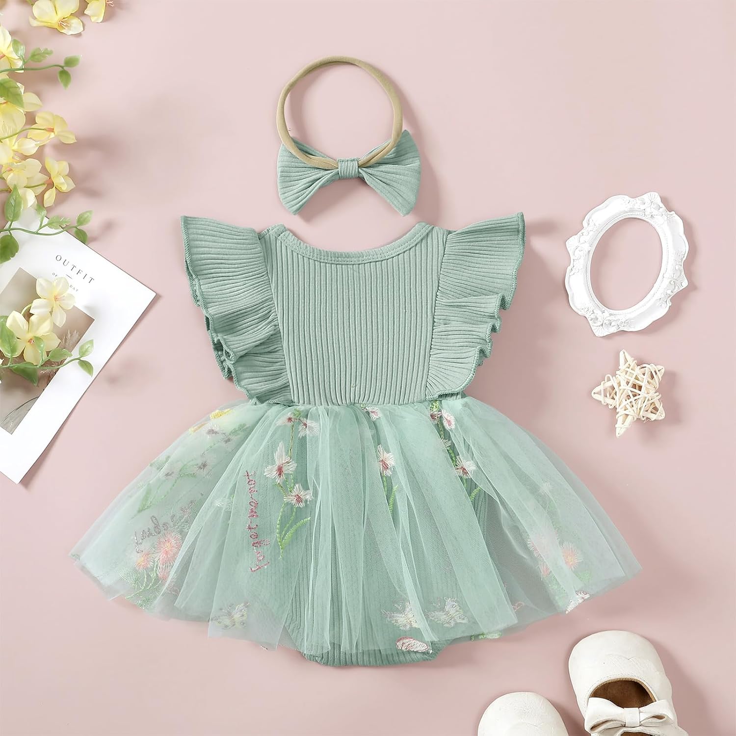 Hnyenmcko Newborn Baby Girl Summer Romper Dress Infant Fly Sleeve Flower Embroidery Mesh Tulle Skirt Hem Ribbed Bodysuit
