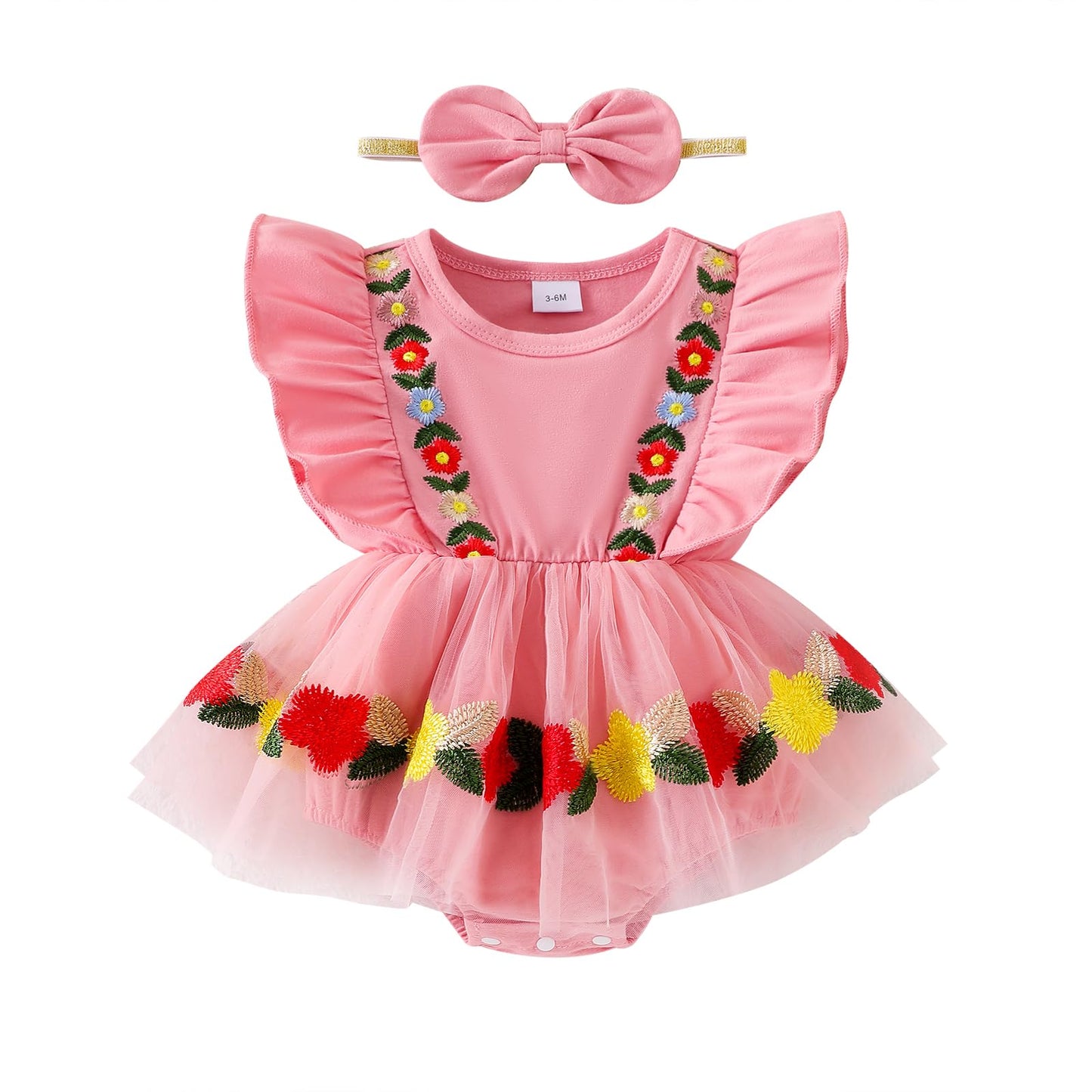 Hnyenmcko Newborn Baby Girl Summer Romper Dress Infant Fly Sleeve Flower Embroidery Mesh Tulle Skirt Hem Ribbed Bodysuit