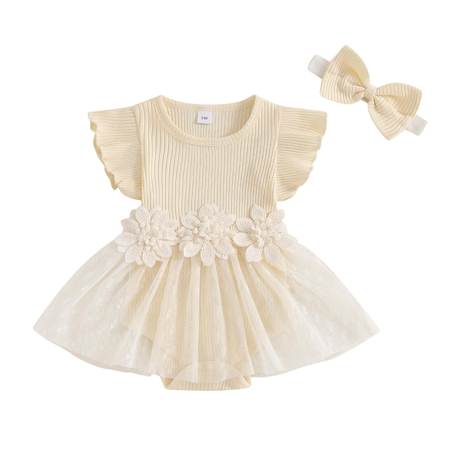 Hnyenmcko Newborn Baby Girl Summer Romper Dress Infant Fly Sleeve Flower Embroidery Mesh Tulle Skirt Hem Ribbed Bodysuit