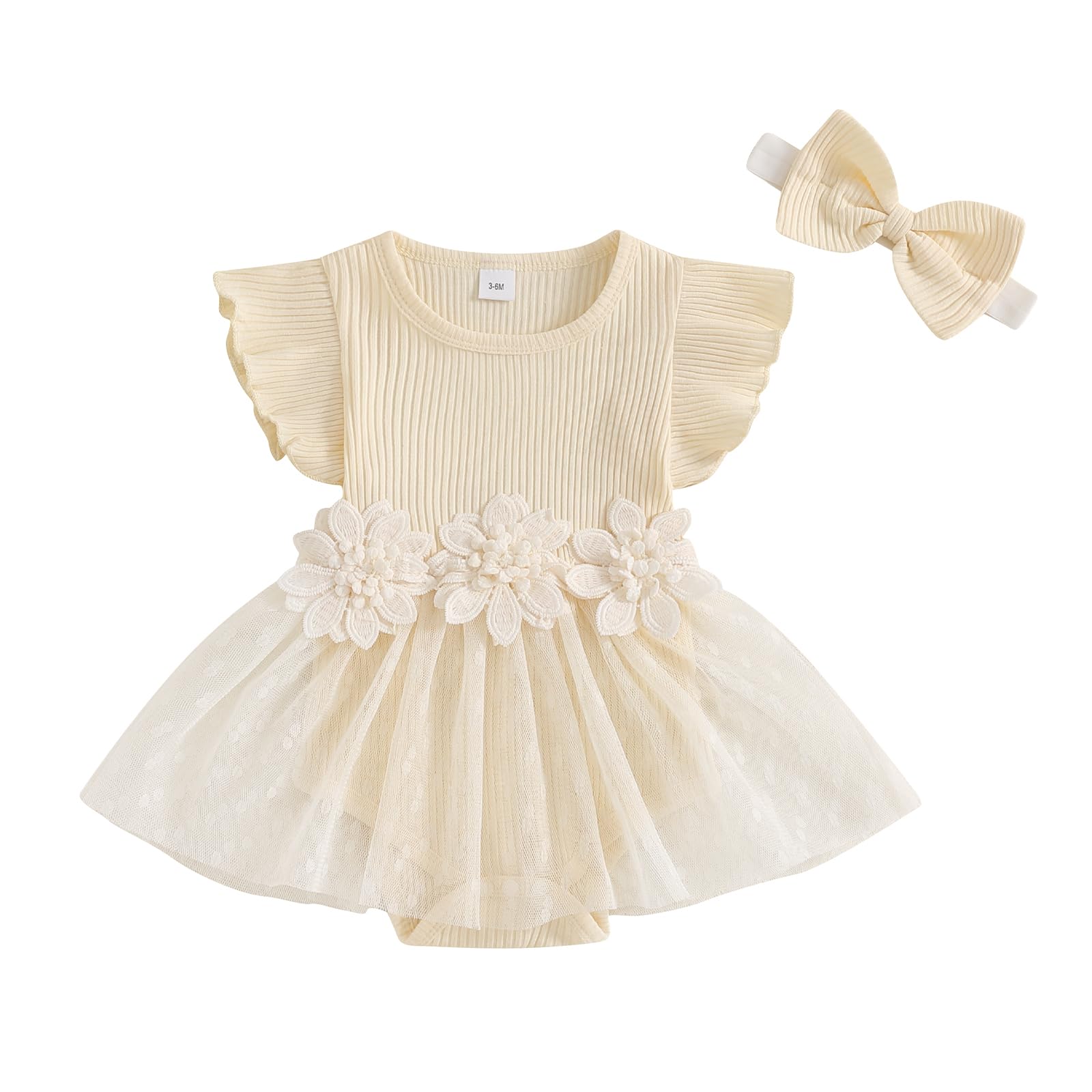 Hnyenmcko Newborn Baby Girl Summer Romper Dress Infant Fly Sleeve Flower Embroidery Mesh Tulle Skirt Hem Ribbed Bodysuit