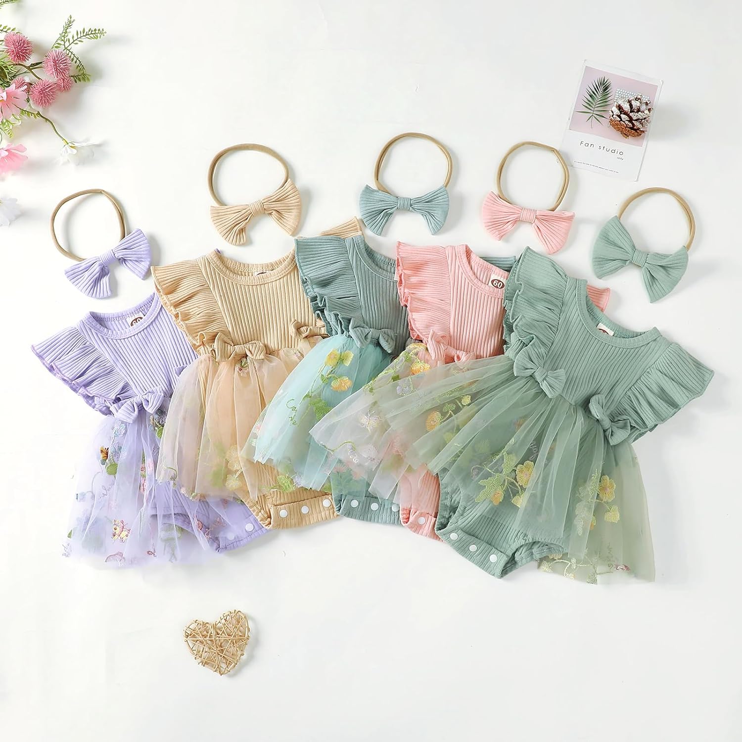 Hnyenmcko Newborn Baby Girl Summer Romper Dress Infant Fly Sleeve Flower Embroidery Mesh Tulle Skirt Hem Ribbed Bodysuit