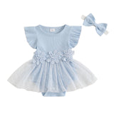 Hnyenmcko Newborn Baby Girl Summer Romper Dress Infant Fly Sleeve Flower Embroidery Mesh Tulle Skirt Hem Ribbed Bodysuit