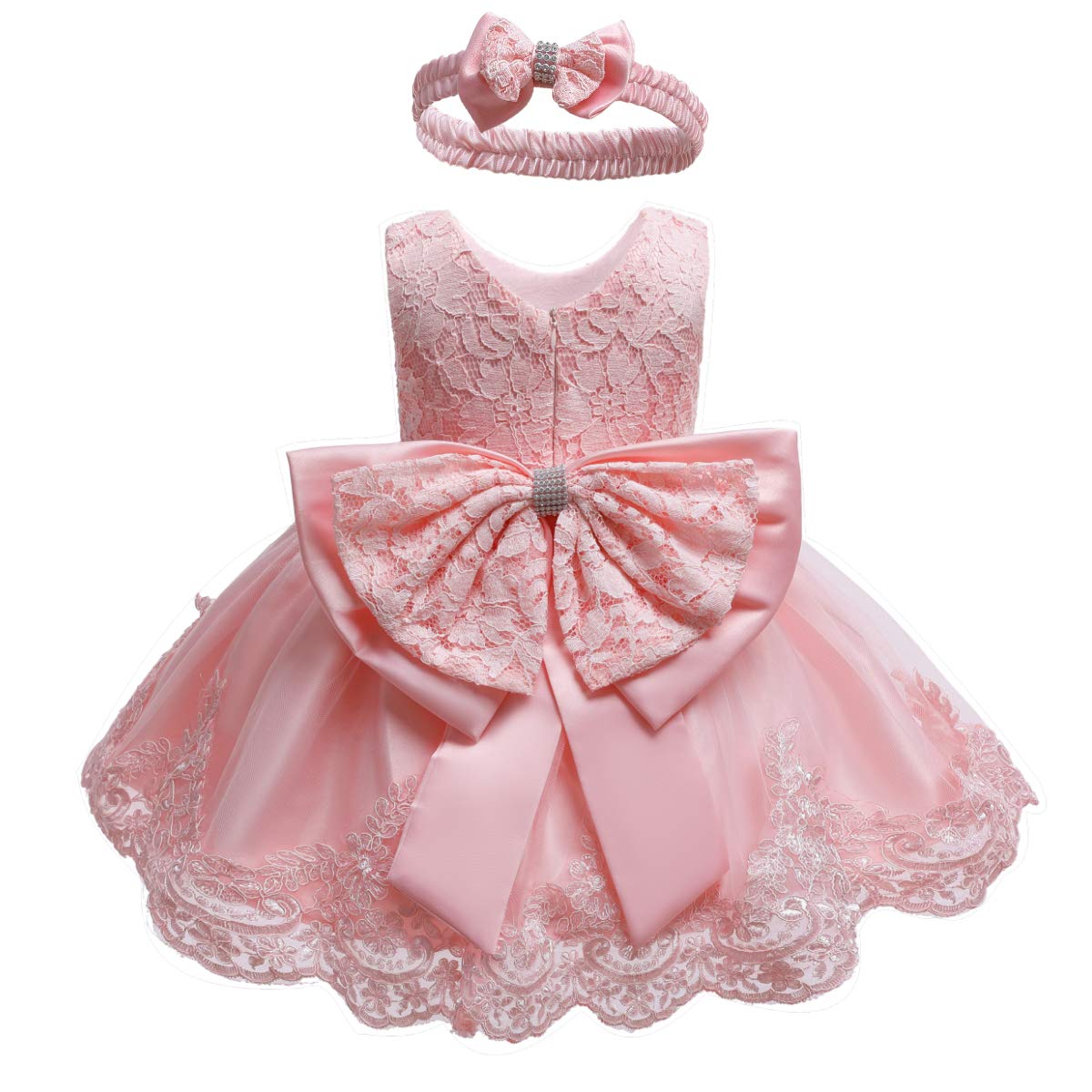 Baby Girls Dress Christening Baptism Party Formal Dress with Headwear