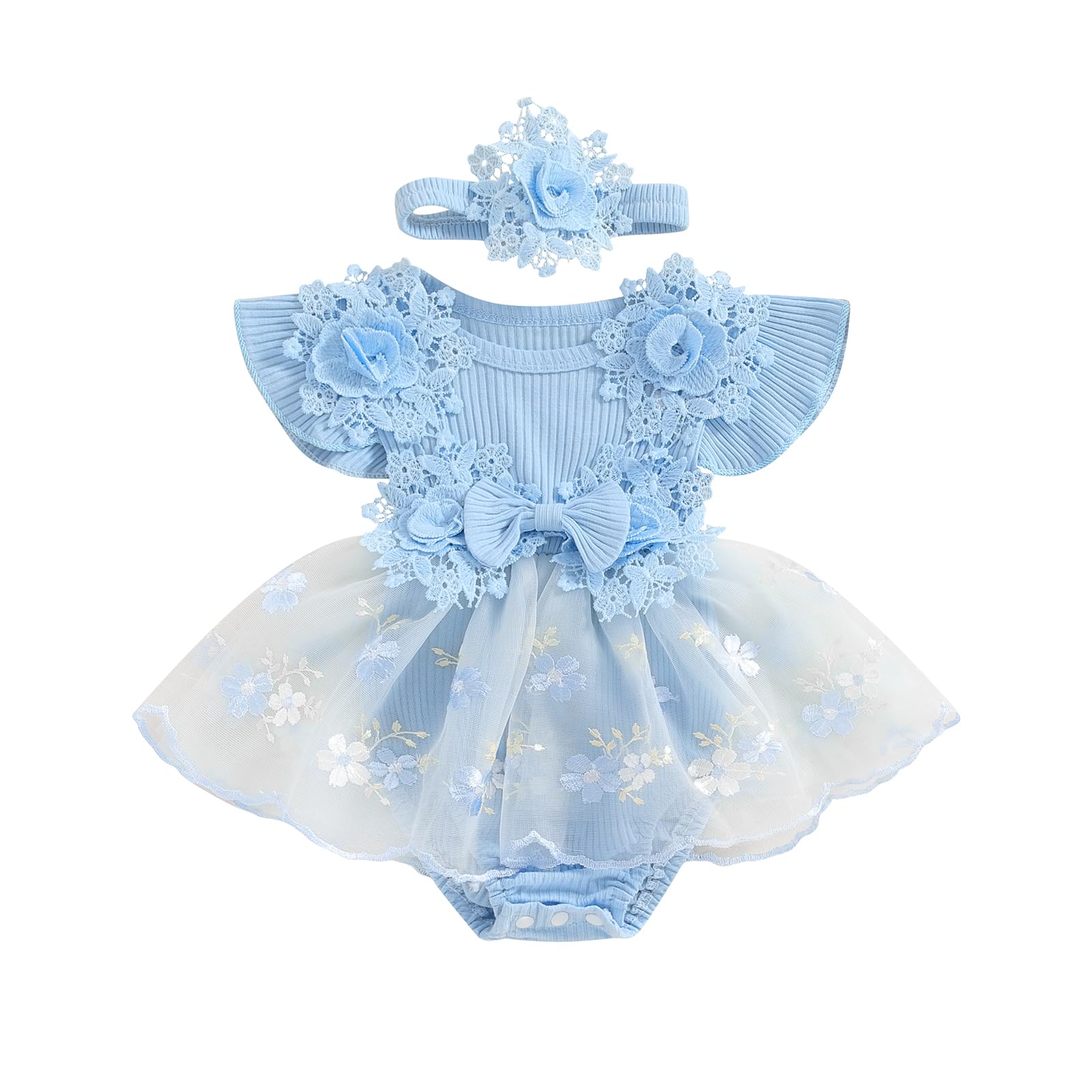 Hnyenmcko Newborn Baby Girl Summer Romper Dress Infant Fly Sleeve Flower Embroidery Mesh Tulle Skirt Hem Ribbed Bodysuit