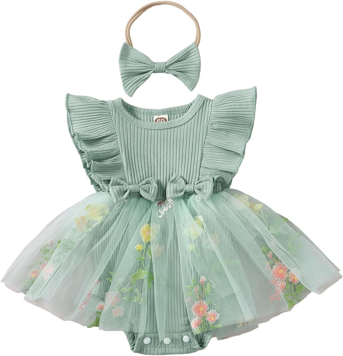 Hnyenmcko Newborn Baby Girl Summer Romper Dress Infant Fly Sleeve Flower Embroidery Mesh Tulle Skirt Hem Ribbed Bodysuit