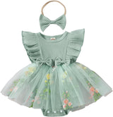 Hnyenmcko Newborn Baby Girl Summer Romper Dress Infant Fly Sleeve Flower Embroidery Mesh Tulle Skirt Hem Ribbed Bodysuit