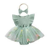 Hnyenmcko Newborn Baby Girl Summer Romper Dress Infant Fly Sleeve Flower Embroidery Mesh Tulle Skirt Hem Ribbed Bodysuit