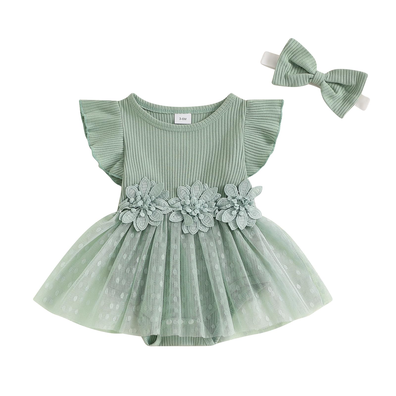 Hnyenmcko Newborn Baby Girl Summer Romper Dress Infant Fly Sleeve Flower Embroidery Mesh Tulle Skirt Hem Ribbed Bodysuit