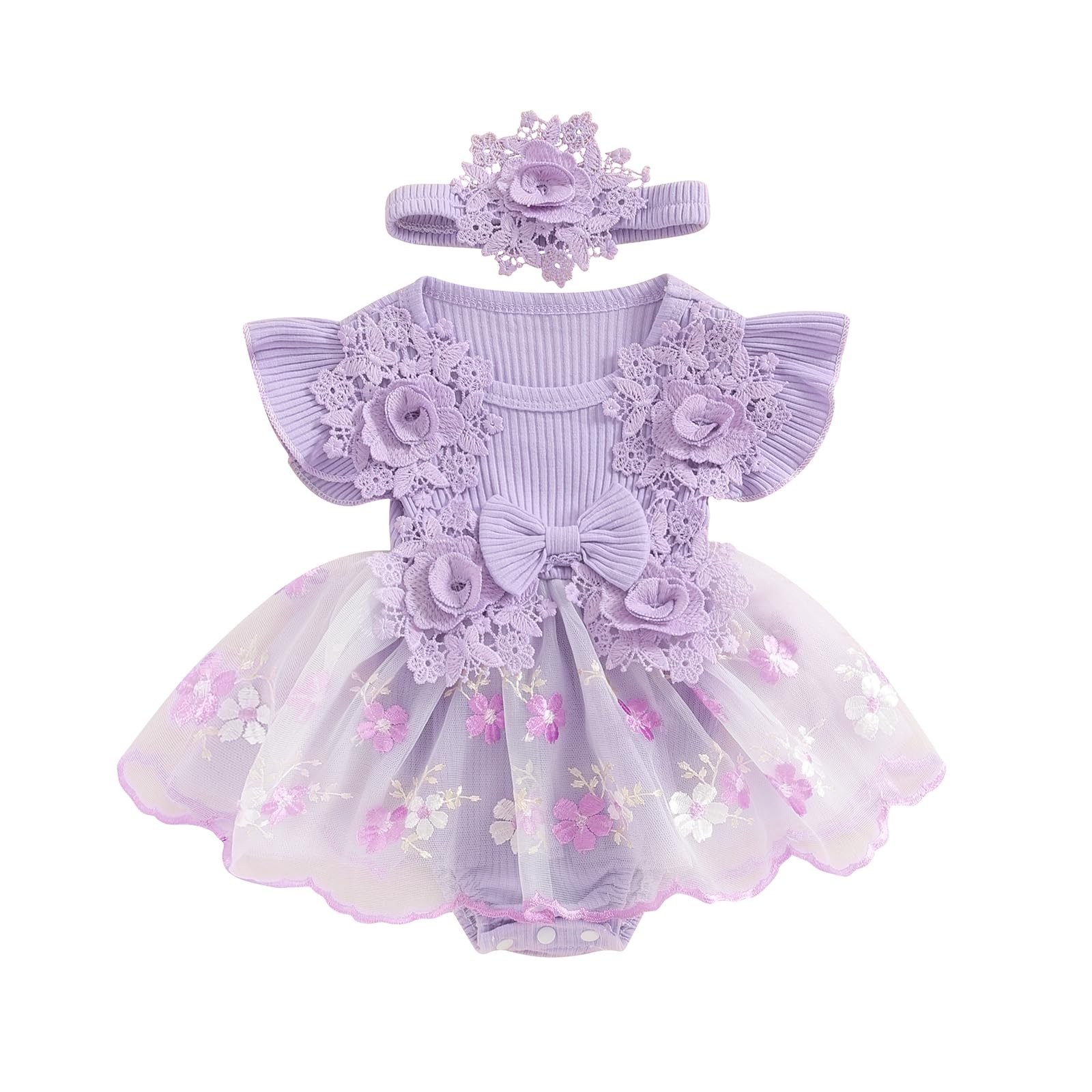 Hnyenmcko Newborn Baby Girl Summer Romper Dress Infant Fly Sleeve Flower Embroidery Mesh Tulle Skirt Hem Ribbed Bodysuit