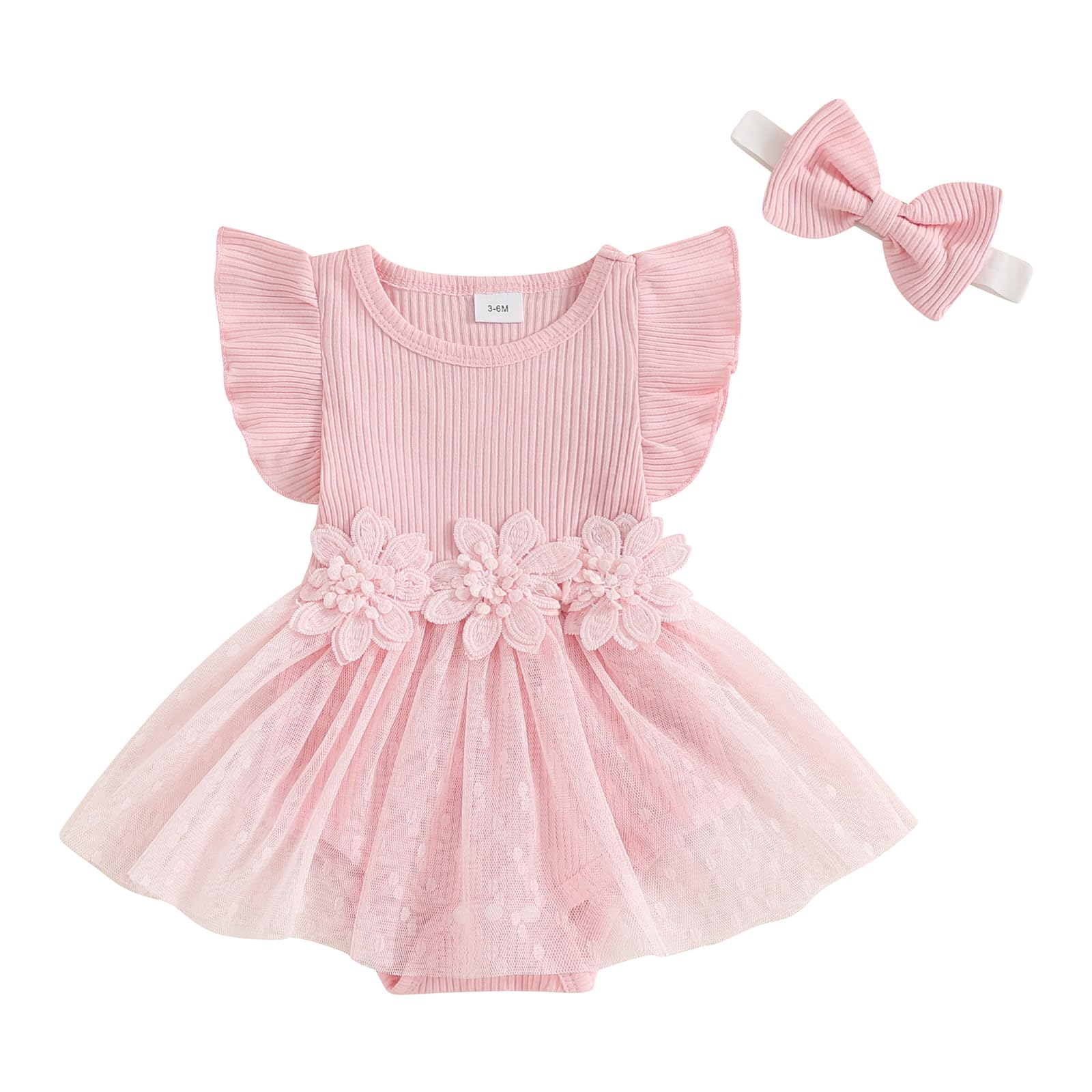 Hnyenmcko Newborn Baby Girl Summer Romper Dress Infant Fly Sleeve Flower Embroidery Mesh Tulle Skirt Hem Ribbed Bodysuit