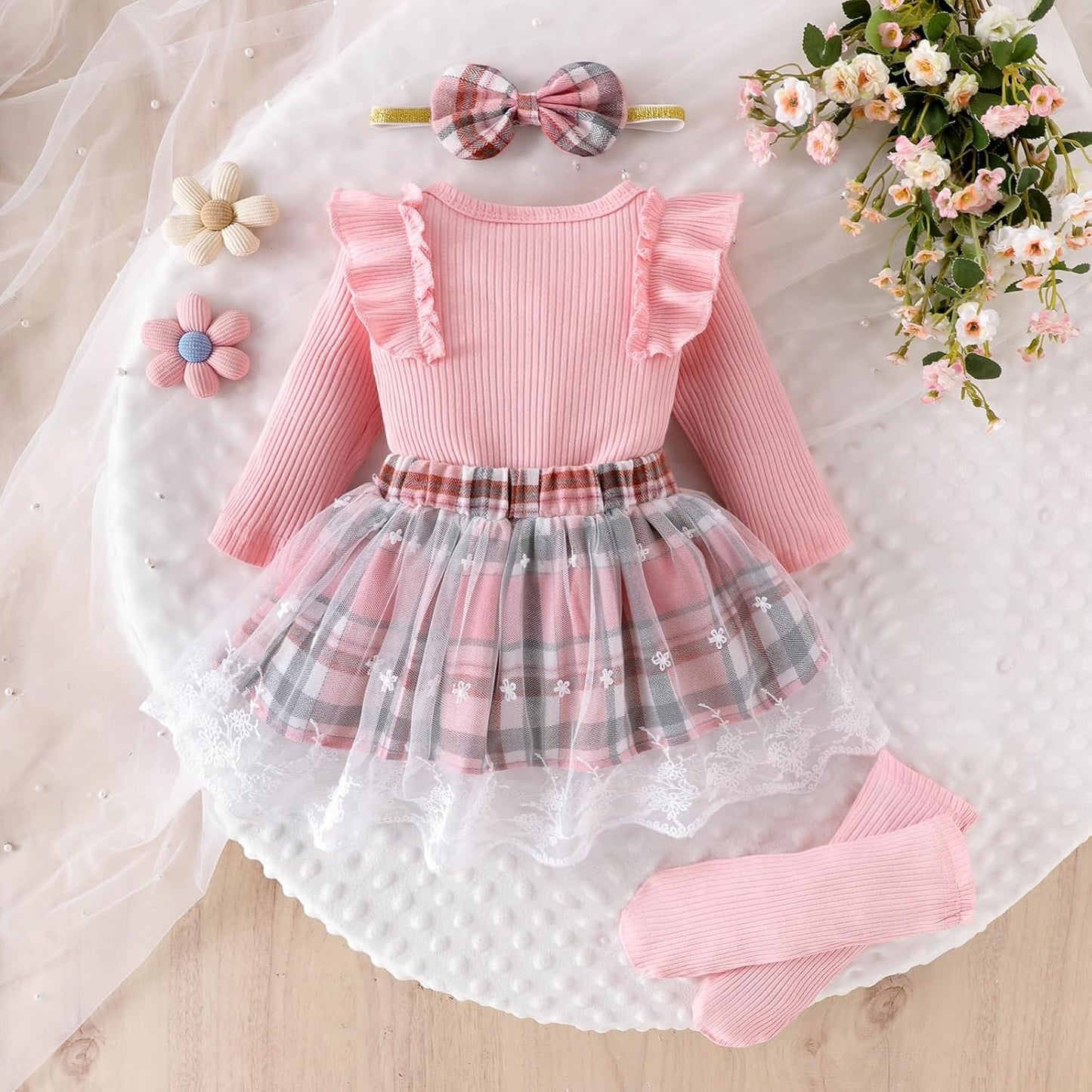 Baby Girl Clothes Newborn Fall Winter Outfit Ruffled Long Sleeve Romper Lace Dress Headband Skirt Set 0-18 Months