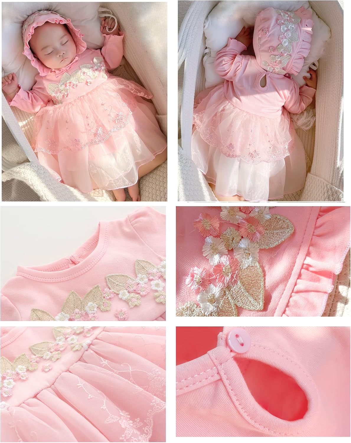 Newborn Baby Girl Dress 0 3 6 Months Infant Pink White Baptism Outfit Party Dresses Hat Shoes Set