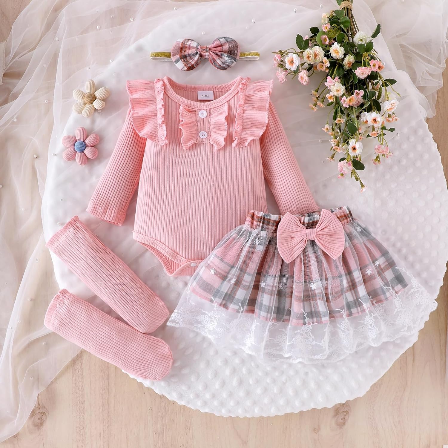 Baby Girl Clothes Newborn Fall Winter Outfit Ruffled Long Sleeve Romper Lace Dress Headband Skirt Set 0-18 Months