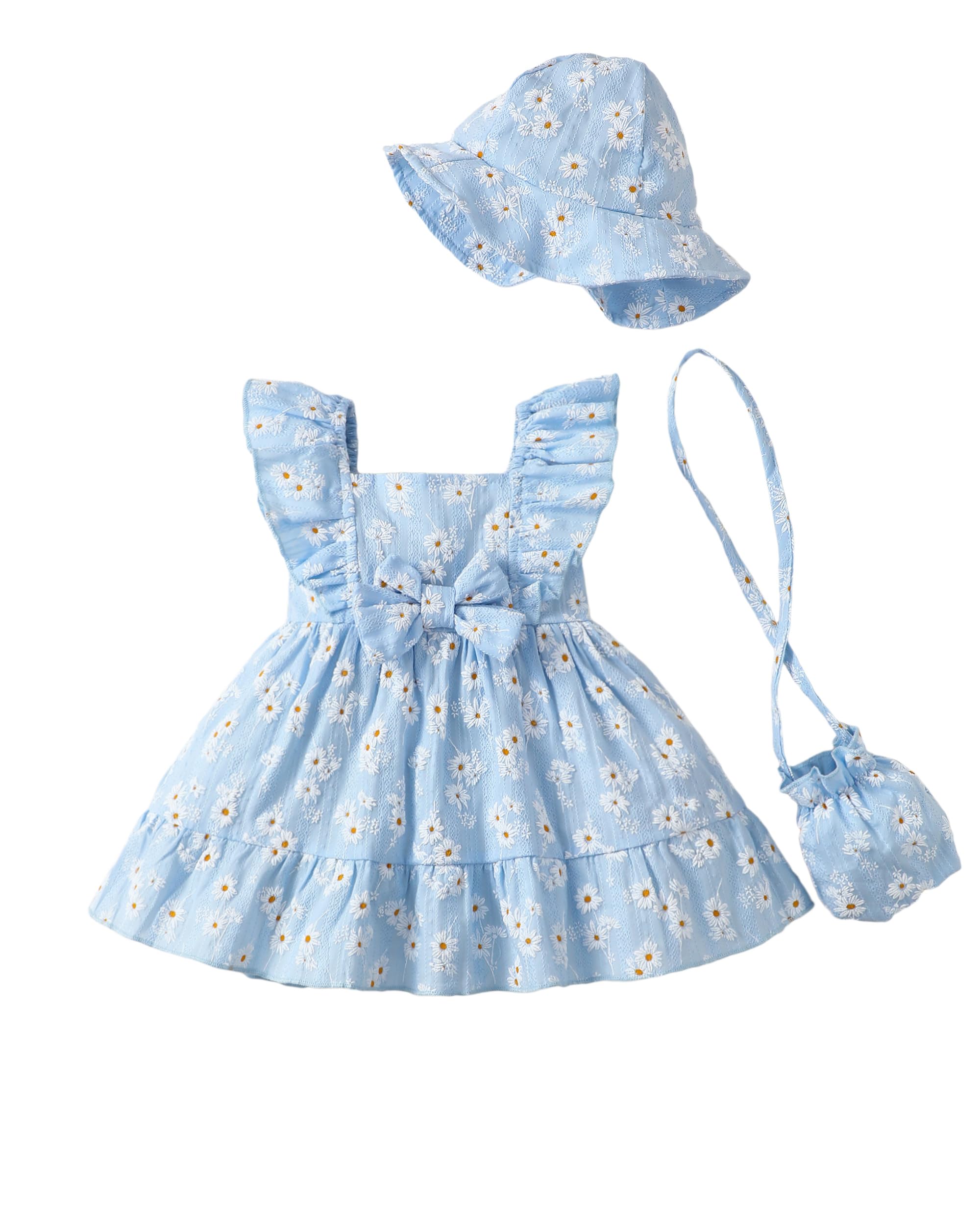 Renotemy Newborn Infant Baby Girl Dresses Summer Outfits Boho Casual Sundress Gifts Toddler Clothes for Girl with Hat and Bag