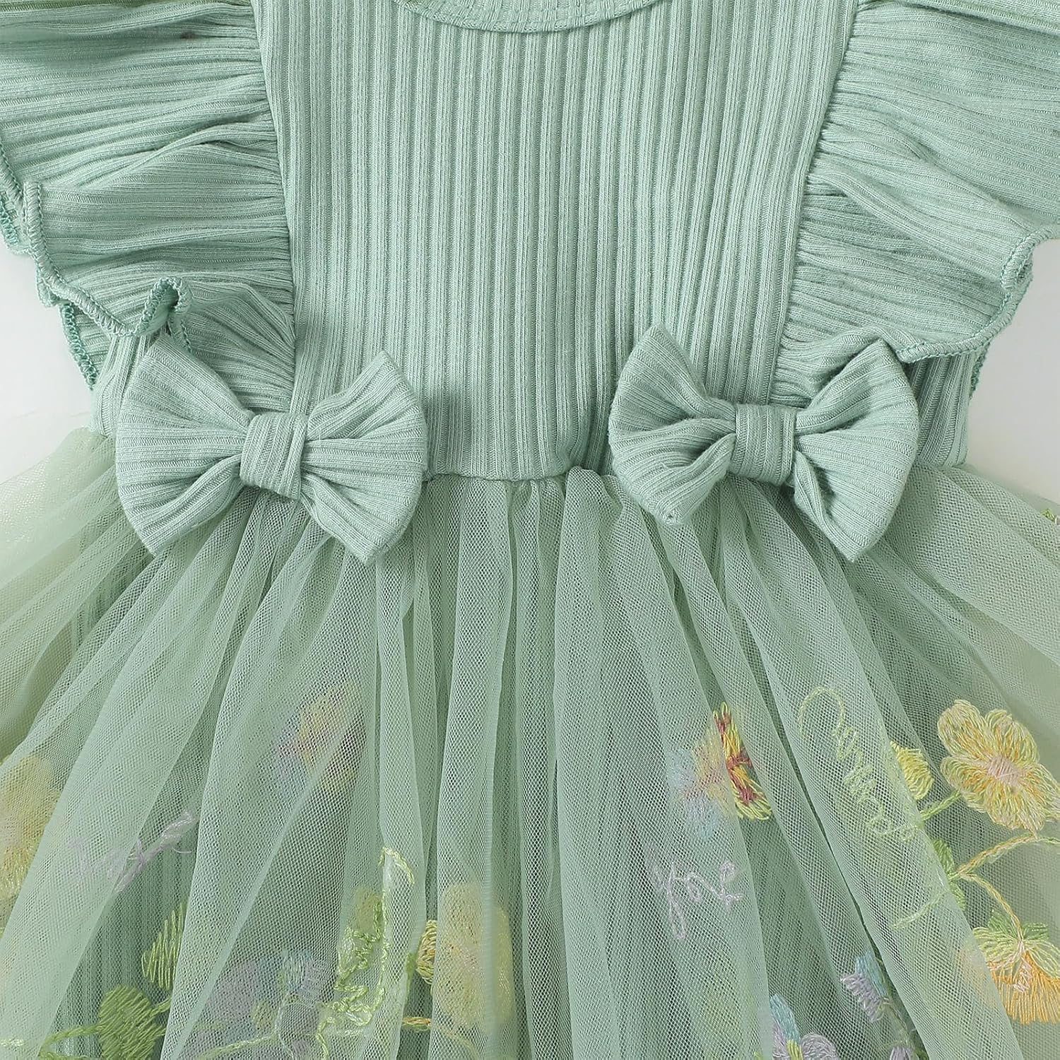 Hnyenmcko Newborn Baby Girl Summer Romper Dress Infant Fly Sleeve Flower Embroidery Mesh Tulle Skirt Hem Ribbed Bodysuit